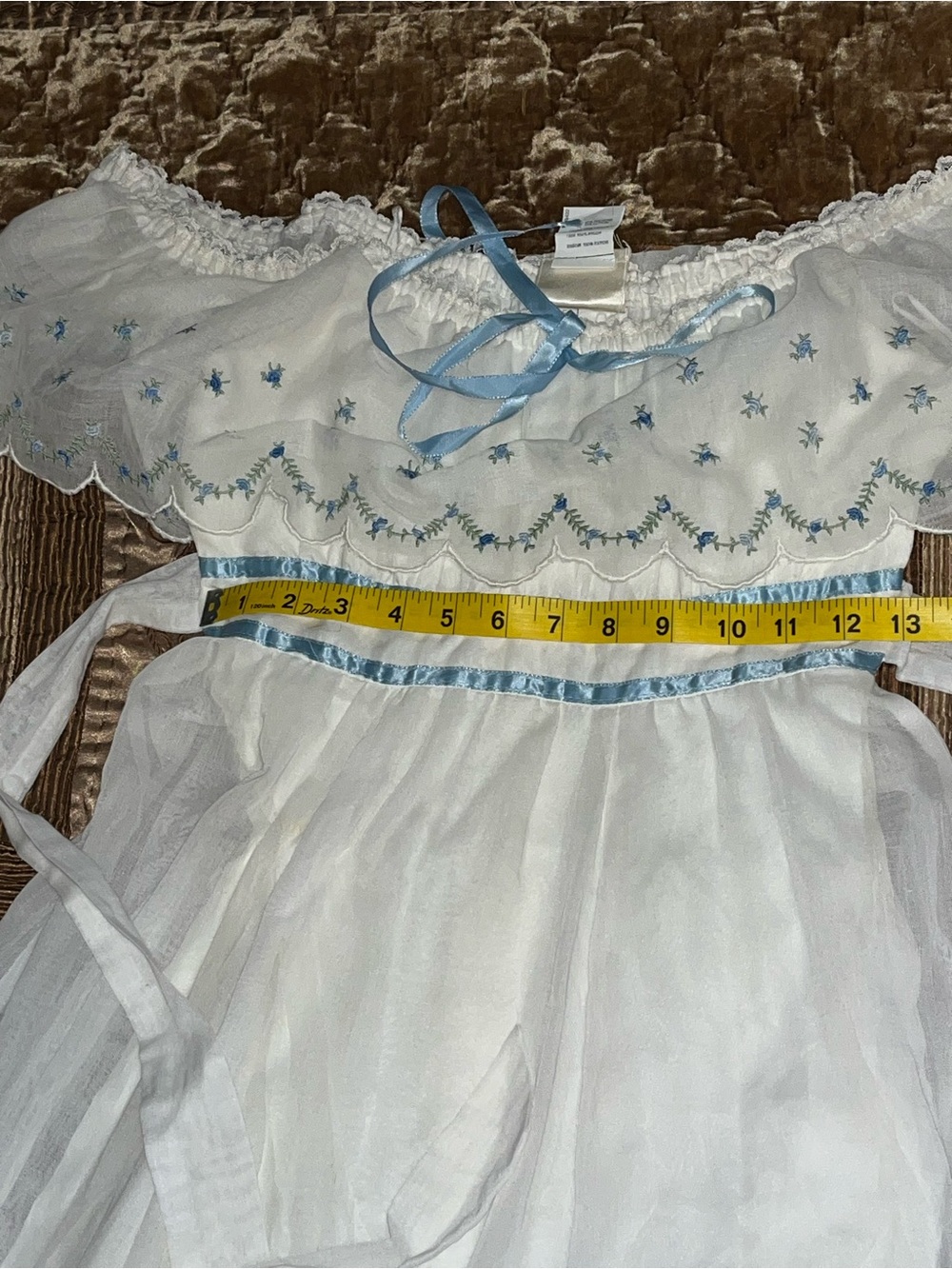 Gunne Sax White Dress with Light Blue Trim and embroidered neckline - Picture 5 of 10